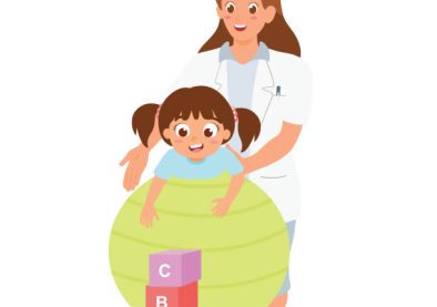 Occupational therapy treatment session on screening development of kids. Concept for pediatric clinic, pediatrician and learning in children. Vector illustration isolated on white background.